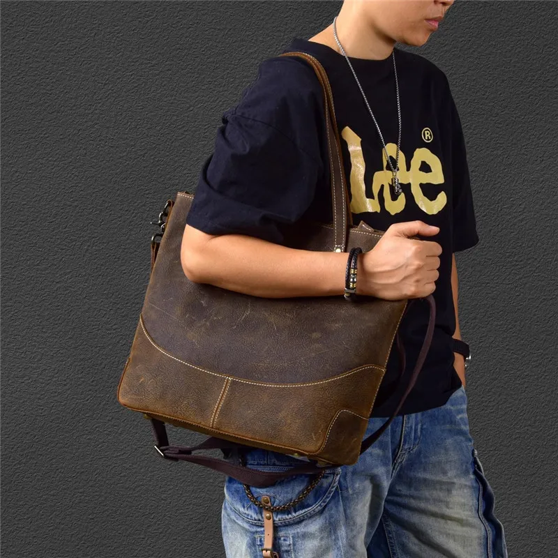 Fashion vintage crazy horse cowhide men's large tote bag business travel luxury genuine leather shoulder bag laptop handbag