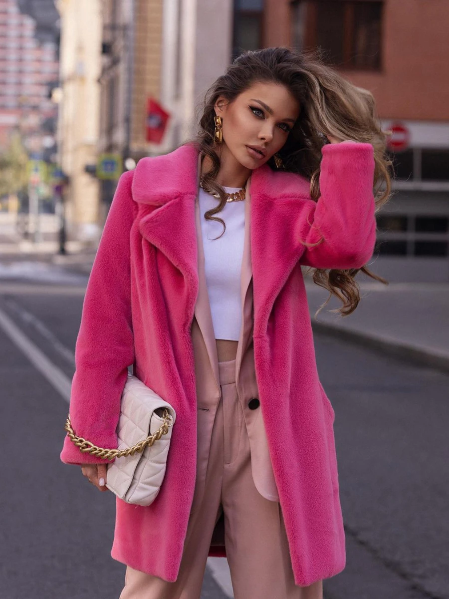 Faux Fur Coat for Women, Fluffy Jacket, Mid Long Plush Coat