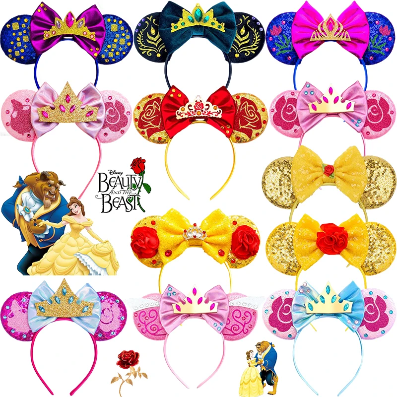 

Disney Beauty and the Beast Headbands Girl Enchanted Rose Ears Hairband Women Crown Bow Belle Hair Accessories For Kids Festival