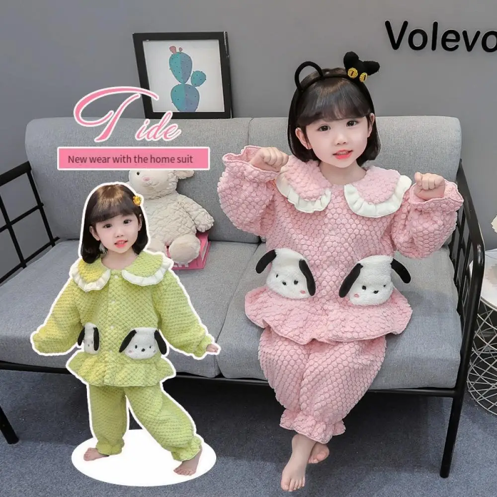 

Kawaii Sanrio Pochacco Flannel Pajamas Girls Autumn Winter Plush Warm Sleepwear Nightwear Anime Cartoon Kids Homewear Gift