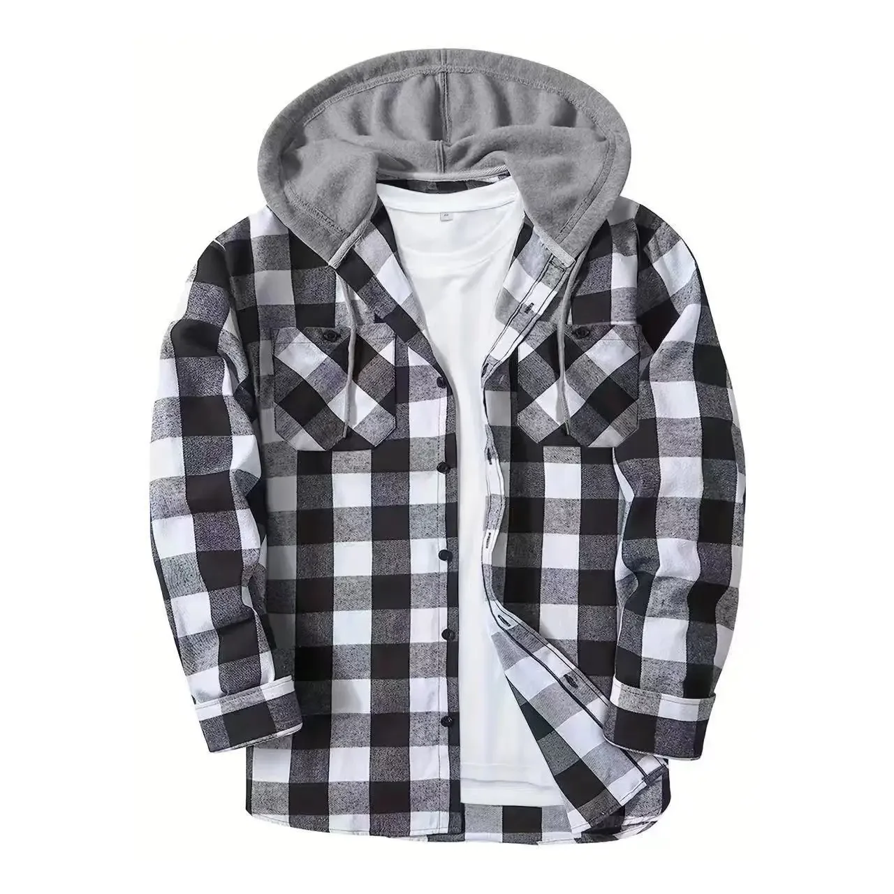 Men's Plaid Long Sleeved Hooded Shirt With Button Work Drawstring Casual Top Cardigan Sweatsuit Street Clothing Jacket  Hoodie