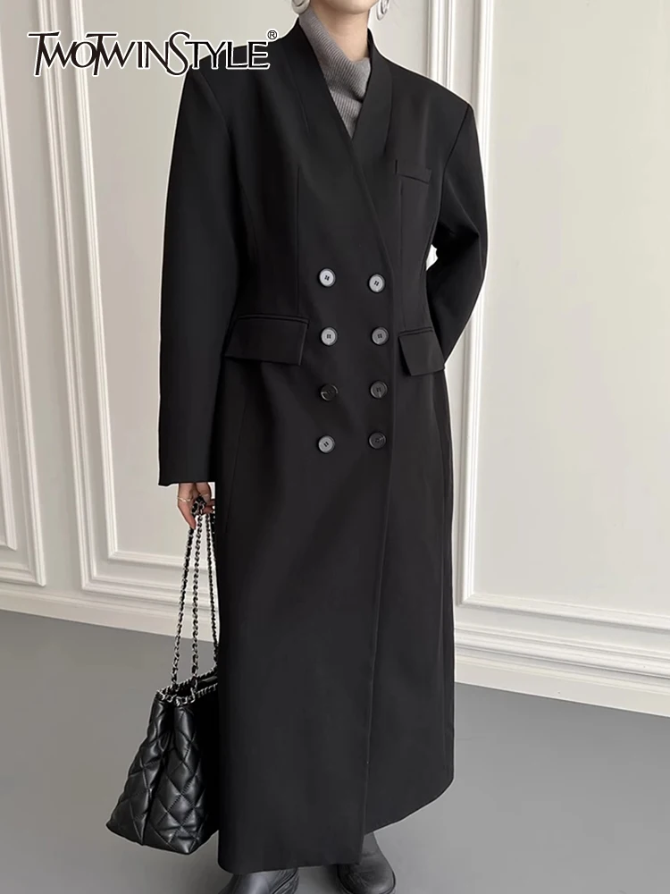 

TWOTWINSTYLE Solid Patchwork Pocket Trench For Women V Neck Long Sleeve Tunic Spliced Buttons Temperament Trenches Female New