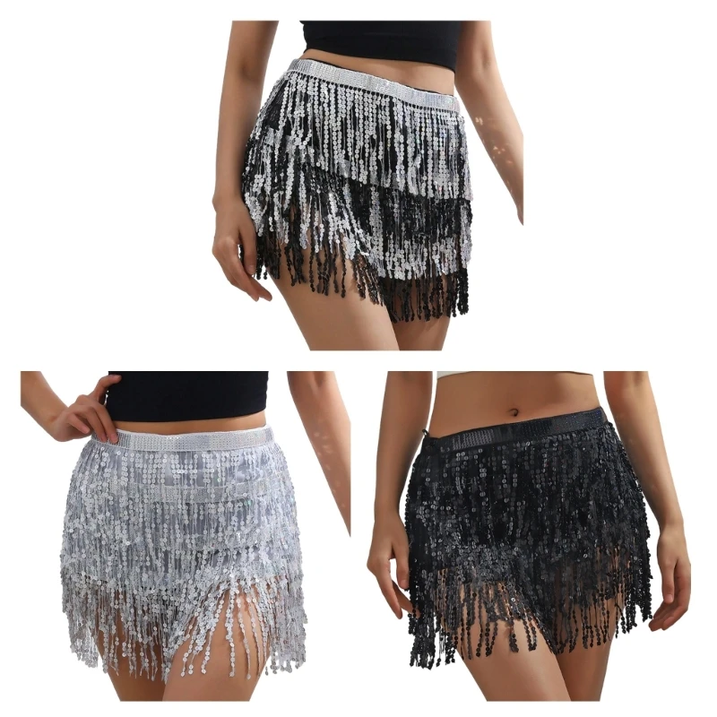 

3 Layers Tiered Sequins Tassels Fringed Hip Scarf Skirt Party Costume