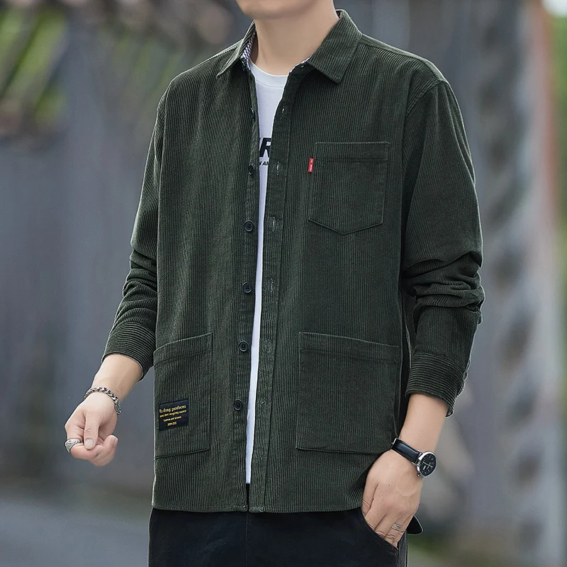 Spring Autumn Turn-down Collar Men's Solid Pockets Button Embroidered Letter Long Sleeve Cardigan Shirt Coats Casual Formal Tops