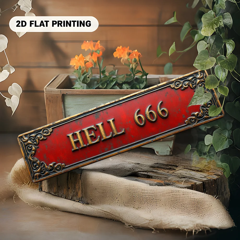 맞춤형 2D 프린트 알루미늄 사인 HELL 666 레드 골드 플로럴 테두리 빈티지 장식 (바, 차고, 집, 야외, 선물용)