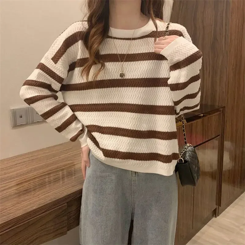 

Autumn Stripe Black Knitting Bottoming Shirt Women New Classic Long Sleeve O-collar Inside Loose All-match Lady Sweaters PH34