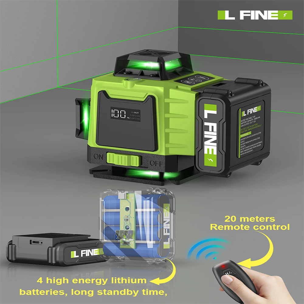 LFINE 3D/4D Laser Level 8/12/16 Lines Horizontal And Vertical With Remote Control 8 Lines 360Â°Self-leveling Laser Levels