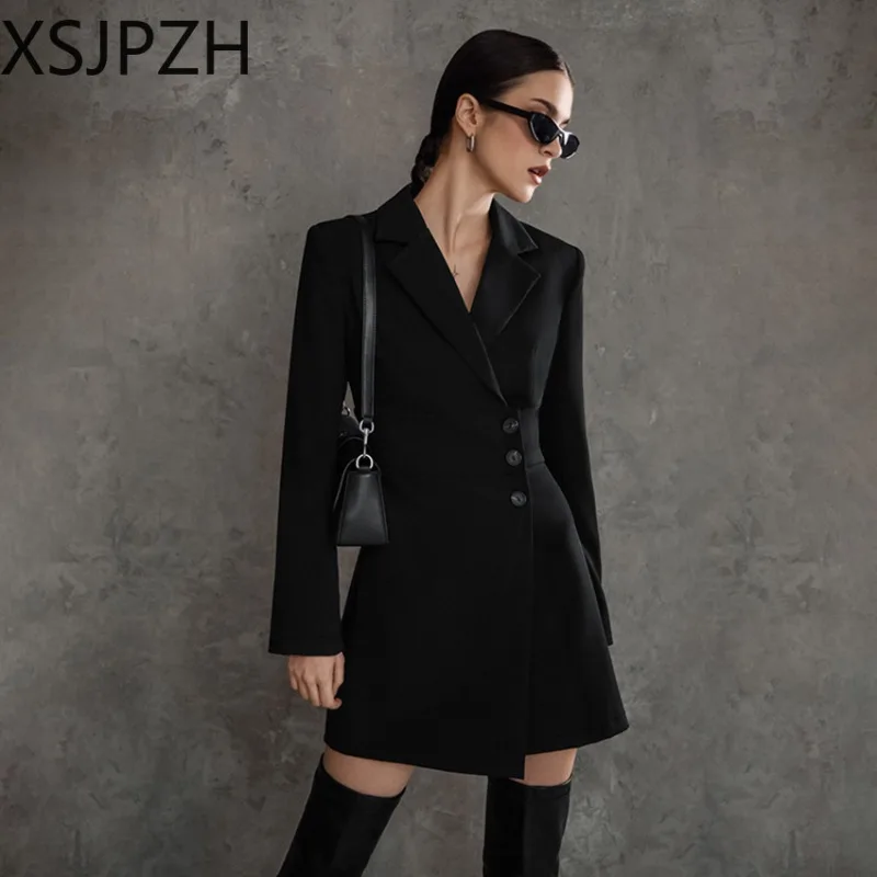 2024 Autumn Lapel Long Sleeve Buttons High Waist A Line Short Dress Office Lady Vestidos Elegant Solid Women Blazer Mini Dresses