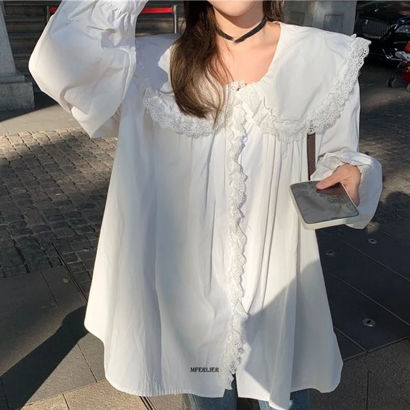 

Женская Весенняя белая кружевная рубашка размера плюс 6XL 150 кг, свободная женская большая блузка с длинным рукавом, повседневные женские топы