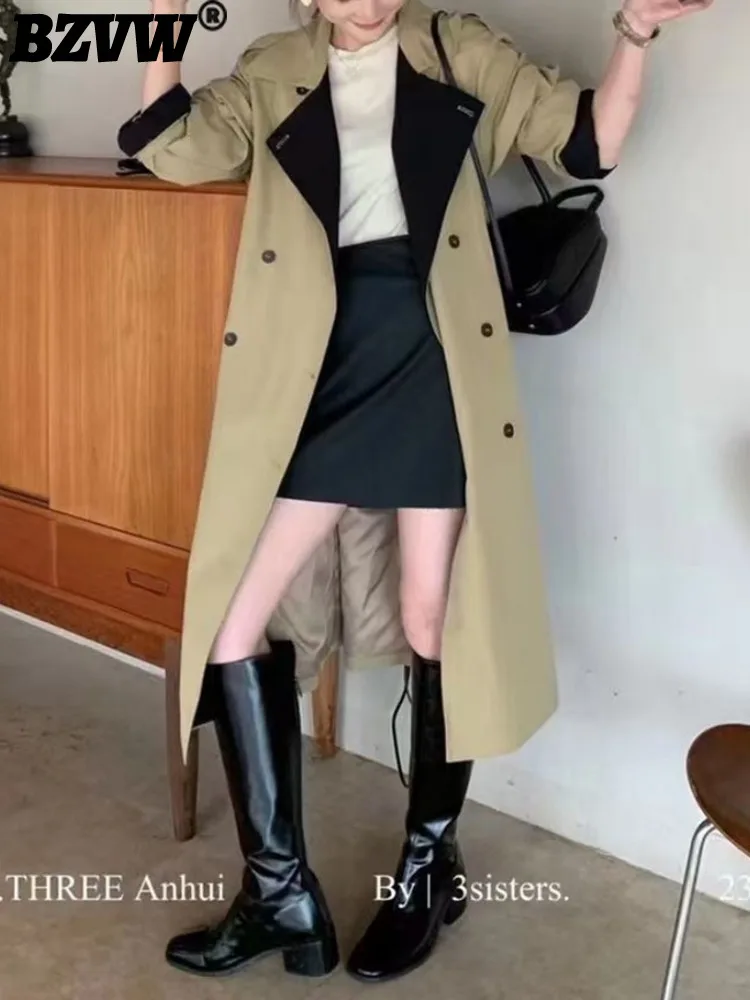 

BZVW British Style Contrast Panel Lace Up Coat Women Loose Versatile Vintage Mid-length Windbreaker Coat Female 2023 Autumn New