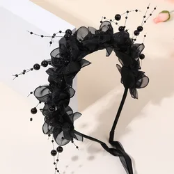 Enchanting Lace Floral Pearl Headband for Girls - Perfect for Weddings, Birthdays, and Special Occasions (Black)