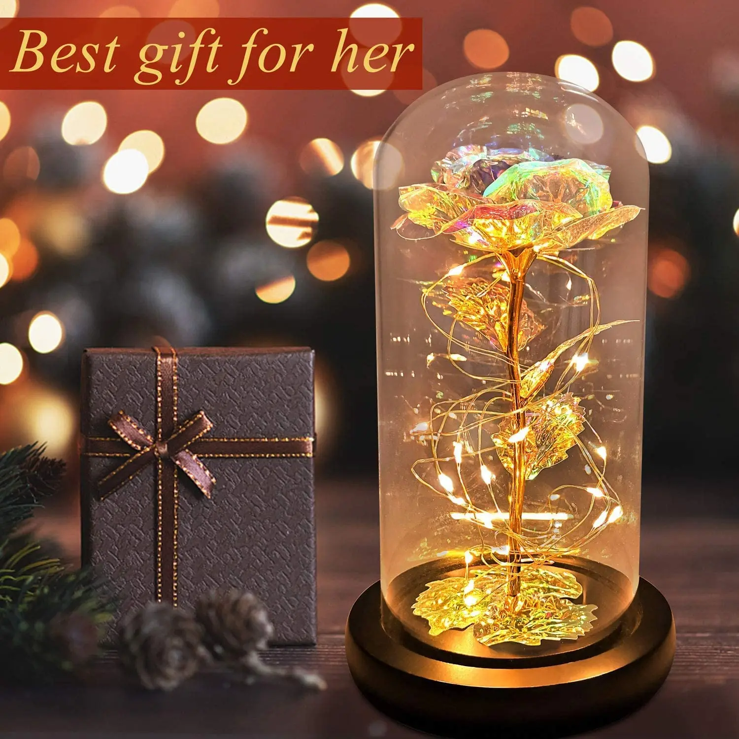 Red Rose Glass Dome On Wooden Base Warm Mood light Silk Red Rose Petals Multi-purpose for Home Office Gift for Women Mother