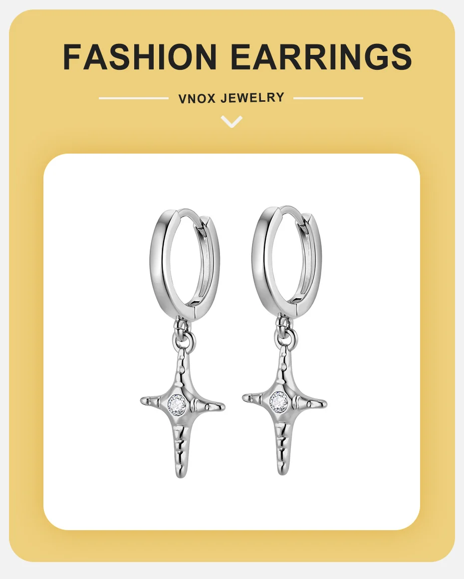 Vnox Zirkon-Kreuz-Stern-Ohrhänger, Silberfarbene Huggies Hoop Dangle Ohrringe für Männer und Frauen, Gothic Punk Hip Hop Schmuck Geschenk – Detail 1