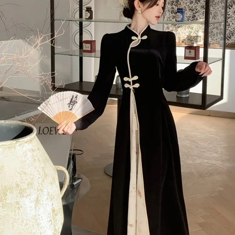 فستان تشيباو اسود طويل