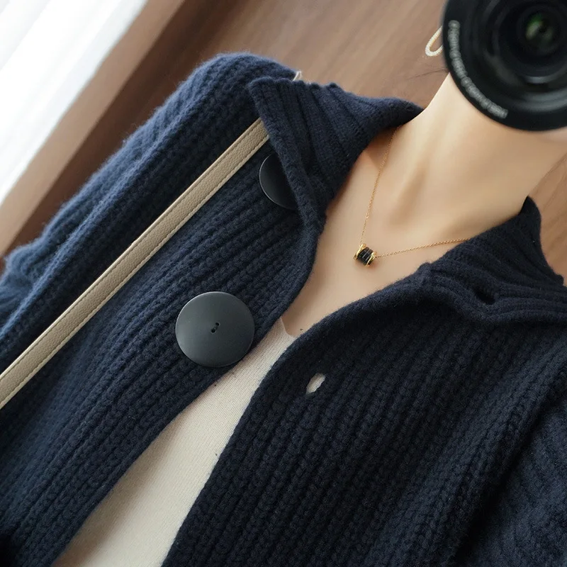 Navy Blue Long Sleeve Knitted Cardigan Sweater for Autumn Winter