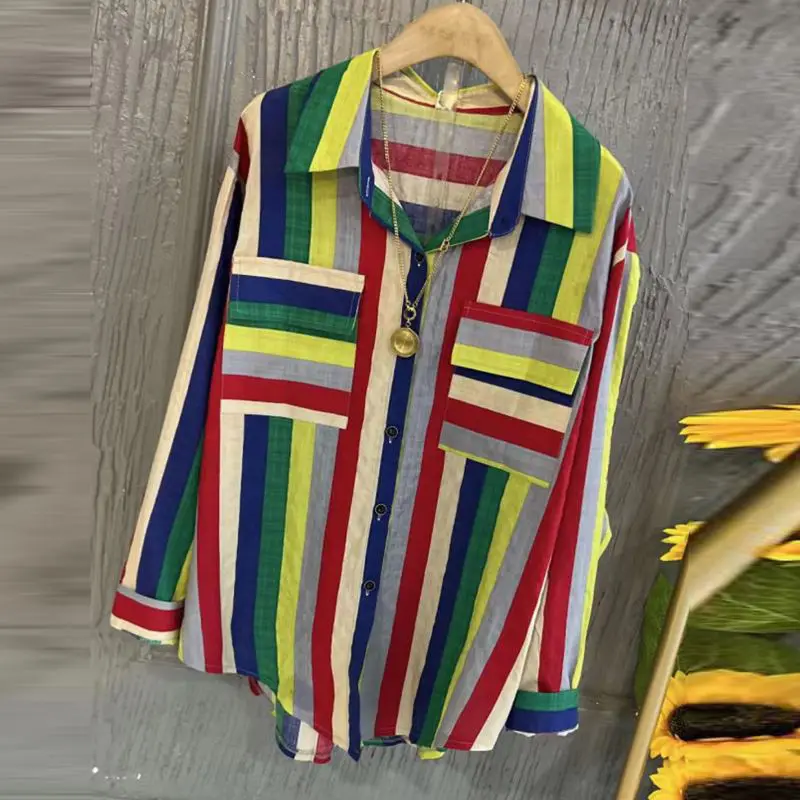 

Spring Korean Rainbow Contrasting Colors Striped Shirt Women's Clothing Stylish Loose Single-breasted Turn-down Collar Blouse
