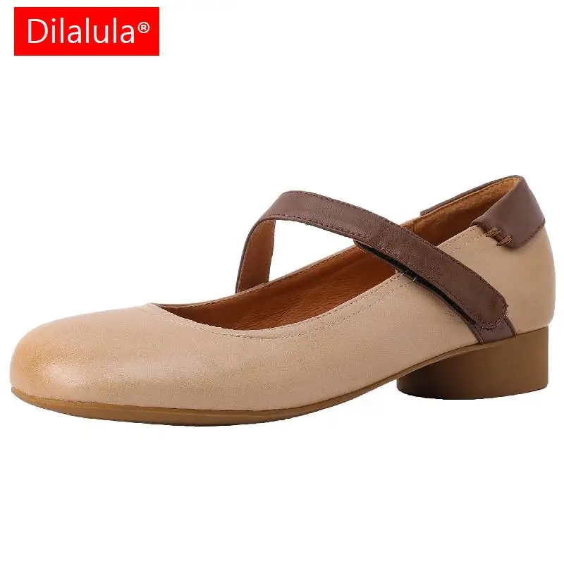 

Dilalula Retro Women Pumps Genuine Leather Round Toe Low Heels Office Casual Students Mary Janes Shoes Woman Spring Summer