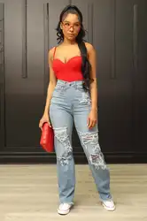 Casual Women Jeans Ripped Hollow Out High Streetwear Long Pencil Pants Streetwear Long Pants For Women Outfit