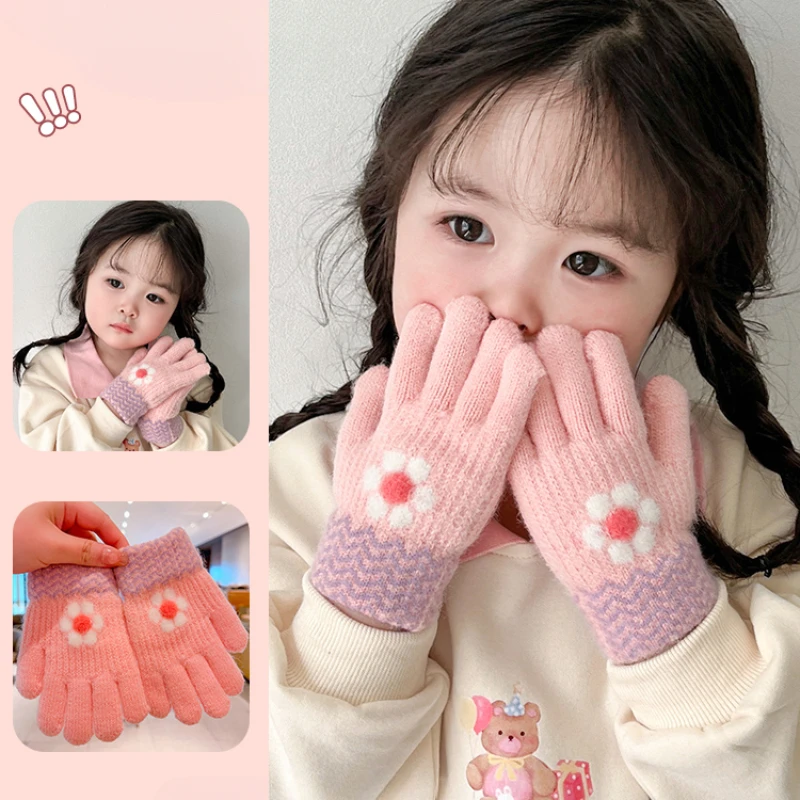 Knitted Gloves Children Gloves Girls Winter Knitting Gloves Flower Bow Printing Five Finger Gloves Outdoor Warm Gloves