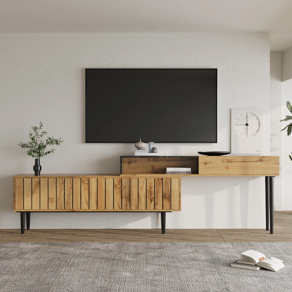 Moderner TV-Ständer aus dunklem Holz mit Marmorplatte – Holzschnitzerei, PVC-Kante und Eisenbeine | Langlebige Konstruktion, ideal für das Wohnzimmer – Detail 9