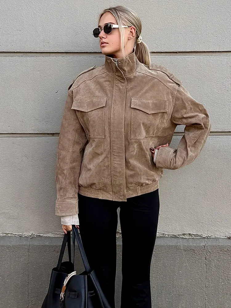 HH Women Fashion Khaki Suede Coat Turtleneck Long Sleeve Zipper Jackets With Pockets 2025 Autumn Vintage High Street Outwear Top