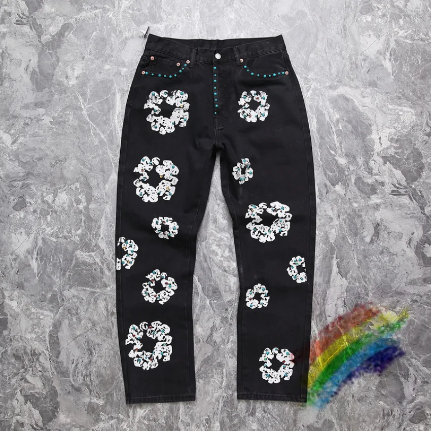 

2023ss Kanye Craft Jeans Inlay Gem Thick Washed Men Women 1:1 Black Denim Pants