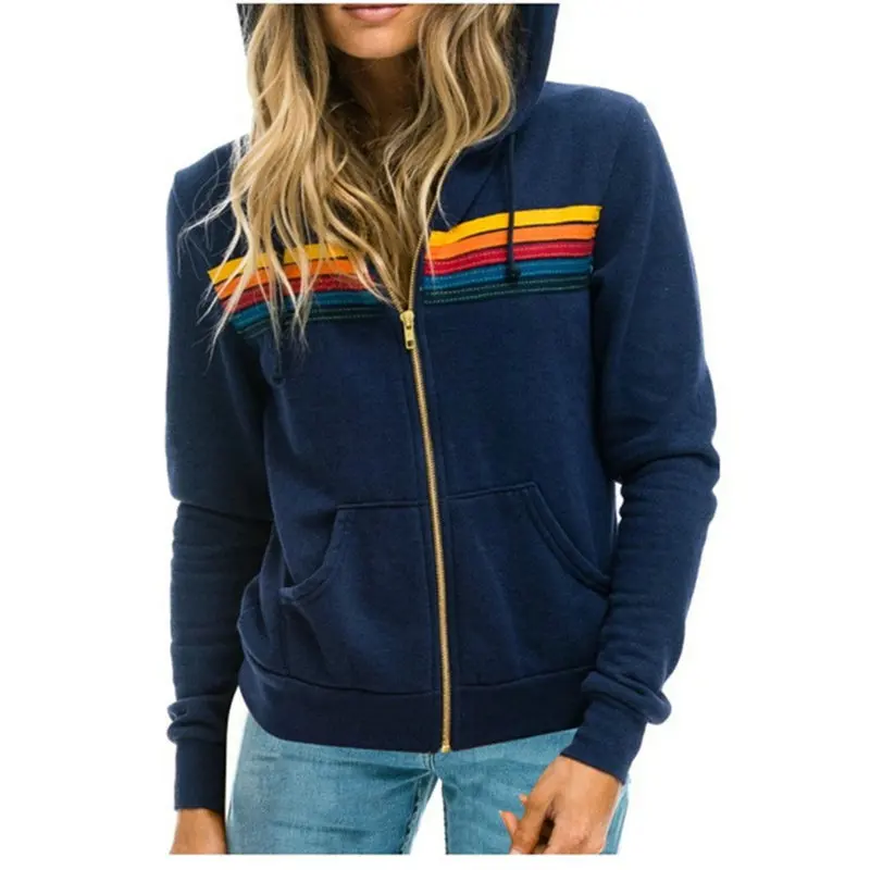 

2024 Women's New Aviator Nation Long Sleeve Hooded Sweatshirts Casual Zipper 5 Stripe Rainbow Hoodies Jacket Coat