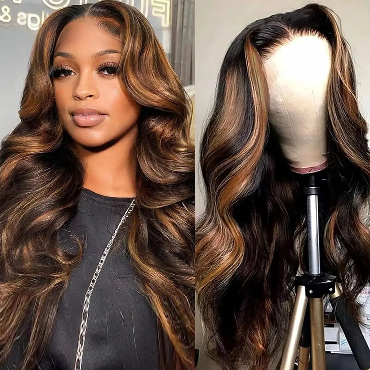 1B/30 Highlight 13x6 Lace Front Human Hair Wigs Ombre Black Brown Colored Preplucked Body Wave Lace Frontal Wig For Women 30Inch 2