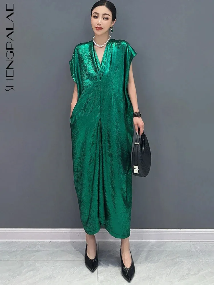 

SHENGPALAE 2024 Summer New Women's Dress Loose V-neck Short Sleeve Elegant Gorgeous Long Robe Beautiful Female Clothes 5R9803
