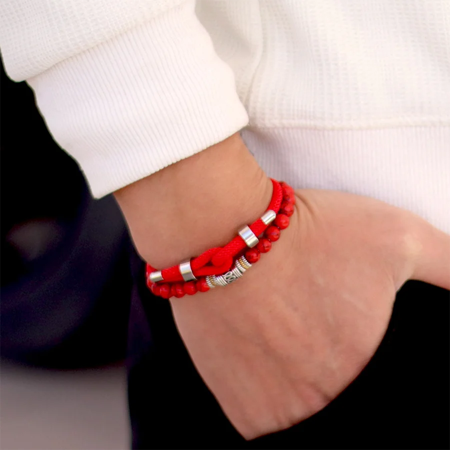 Men Bracelet Set 4mm Rope Charm Lava Onyx Stone Beaded Good Luck Red Cord