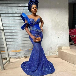 Unique Crystals Mermaid Evening Dress Blue Lace Appliques Aso Ebi Formal Party Dresses Custom Made African Prom Gowns