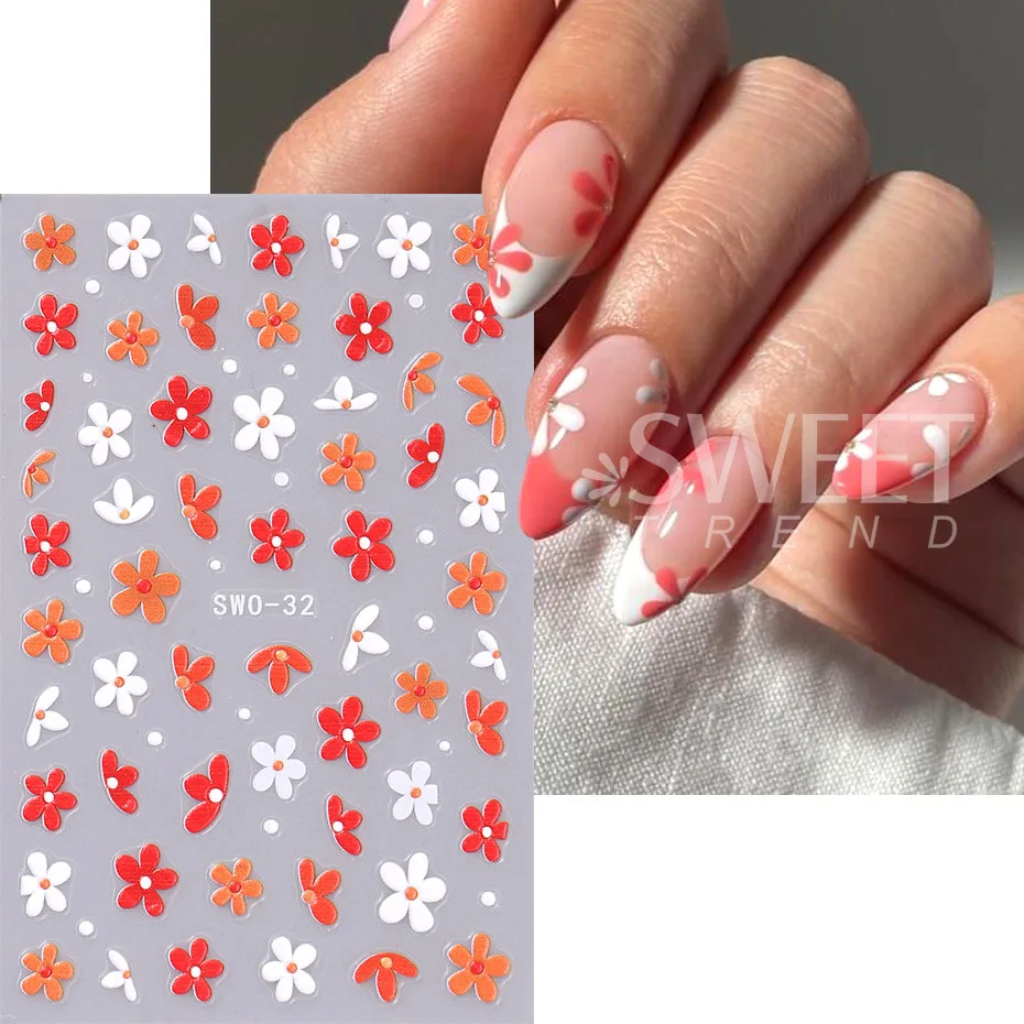 5D Cherry Bow Nail Art Sticker Y2K Heart Star 2/8 Ball Design Nail Decals Red Black Crazy French Floral DIY Manicure Decoration
