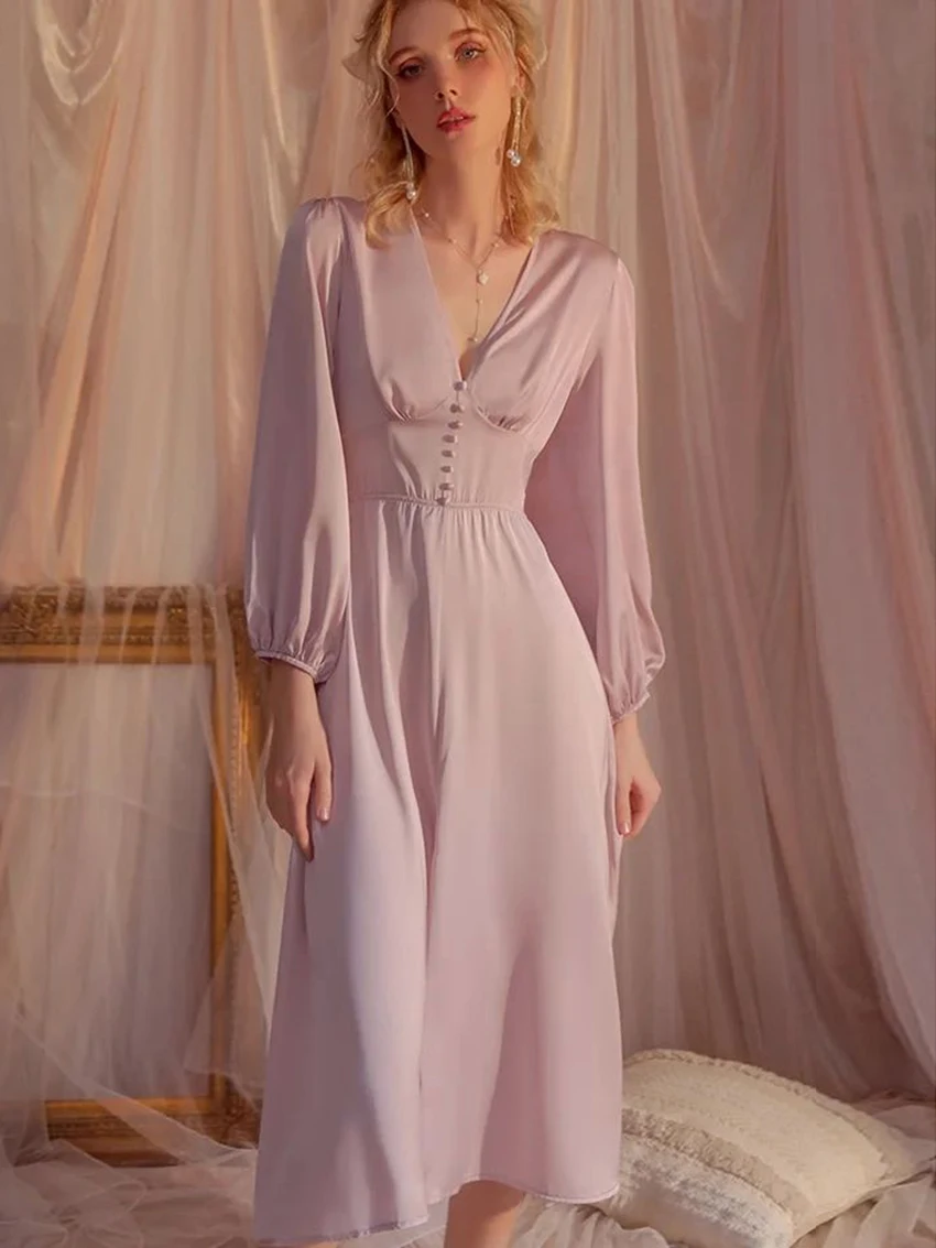 Marthaqiqi Fashion Ladies Nightgowns Mid-Calf Dress Sexy V-Neck Sleepwear Long Sleeve Nightwear Split Pajamas Women'S Nightie