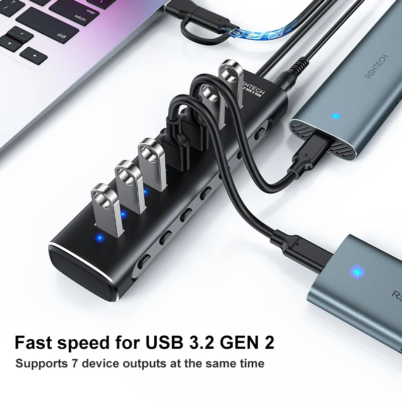 RSHTECH USB Hub 7 Ports USB 3 2 Gen 2 Splitter 10Gbps USB-A to USB-C Data Cable Individual Switches USB C Hub for Laptop PC 5