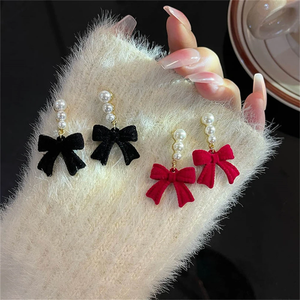 Red Black Bowtie Earrings for Women Girls Simulated Pearl Cloth Bow Tie Earrings Jewelry Ear Accessories Beautiful Gifts