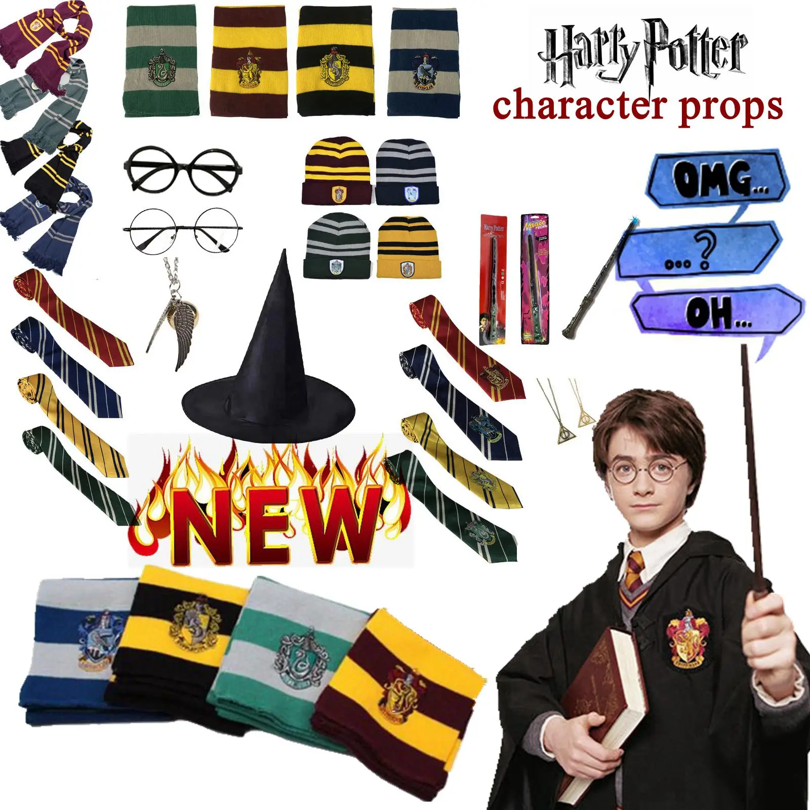 Harry Potter Scarf Magic Hat Wand Time Turner Necklace Quidditch Halloween Party Cosplay Accessories