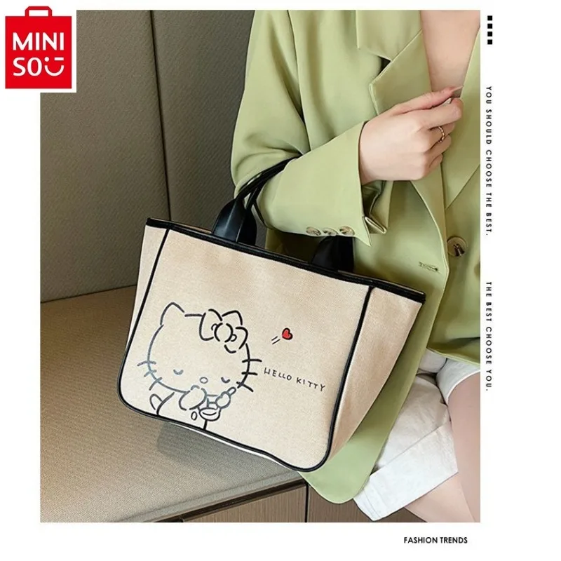 

MINISO Women's Fashion Cartoon Print Hello Kitty Canvas Handbag Portable Commuter Bag Makeup Storage Mommy Bag