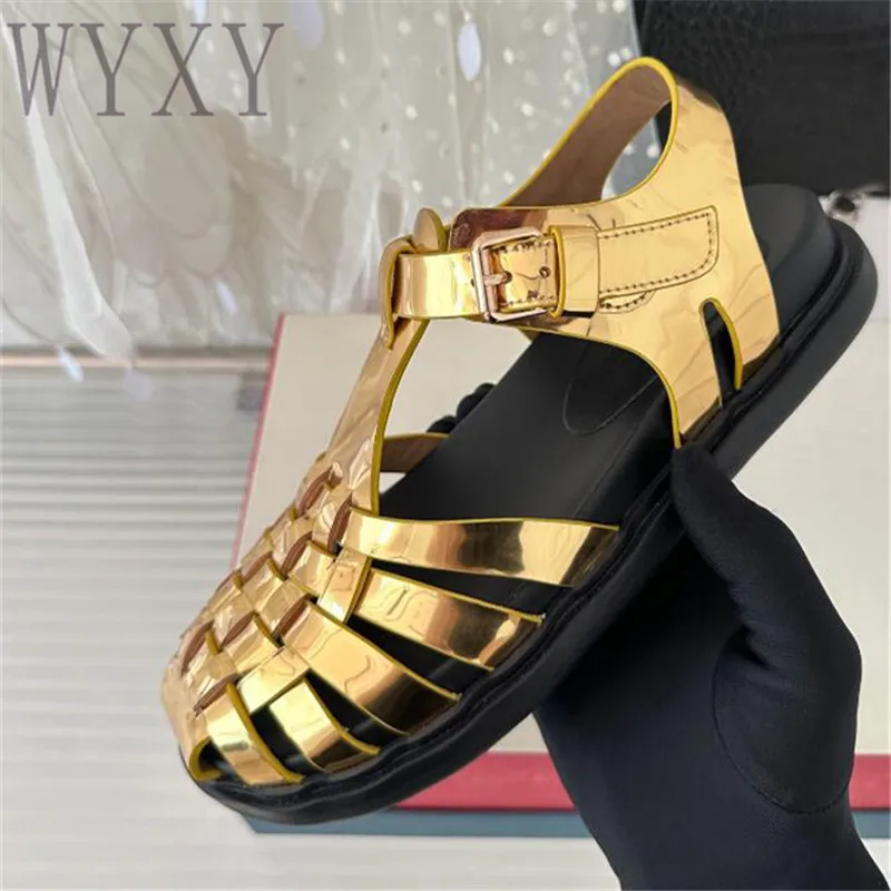 

Summer New Buckle Strap Weave Flat Sandals Woman Gladiator Hollow Out Fashion Leisure Shoes Comfortable Beach Sandals Women 2023