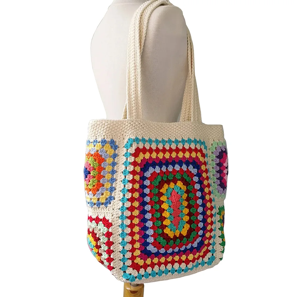 цена DIY Hand Crochet Latest Popular Bohemian Style Knitting Grandmother Check Shoulder Slung Bag for Girls.