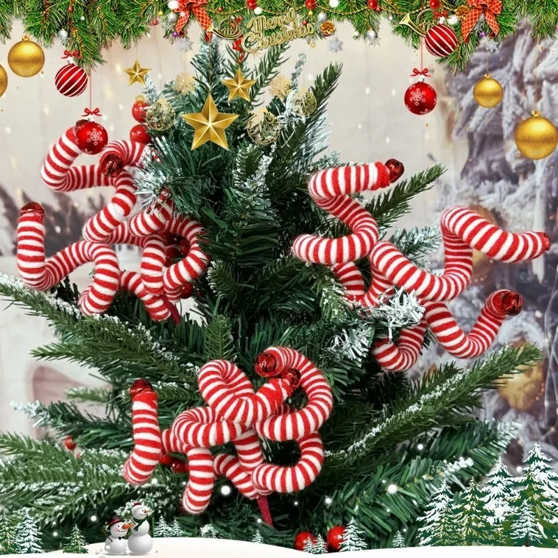 8/1x Wool Bell Candy Cane Ornaments Classic Holiday Season Tree Decor Christmas Plastic Swirl Stick Ornaments with Curly Picks