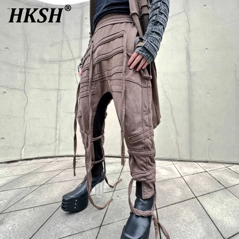 Hksh Primavera Autunno Nuovo Design Di Nicchia Pioneer Waste Land Straps Pantaloni In Cotone Con Cavallo Per Uomo Marea Chic Pantaloni Vintage Scuri H