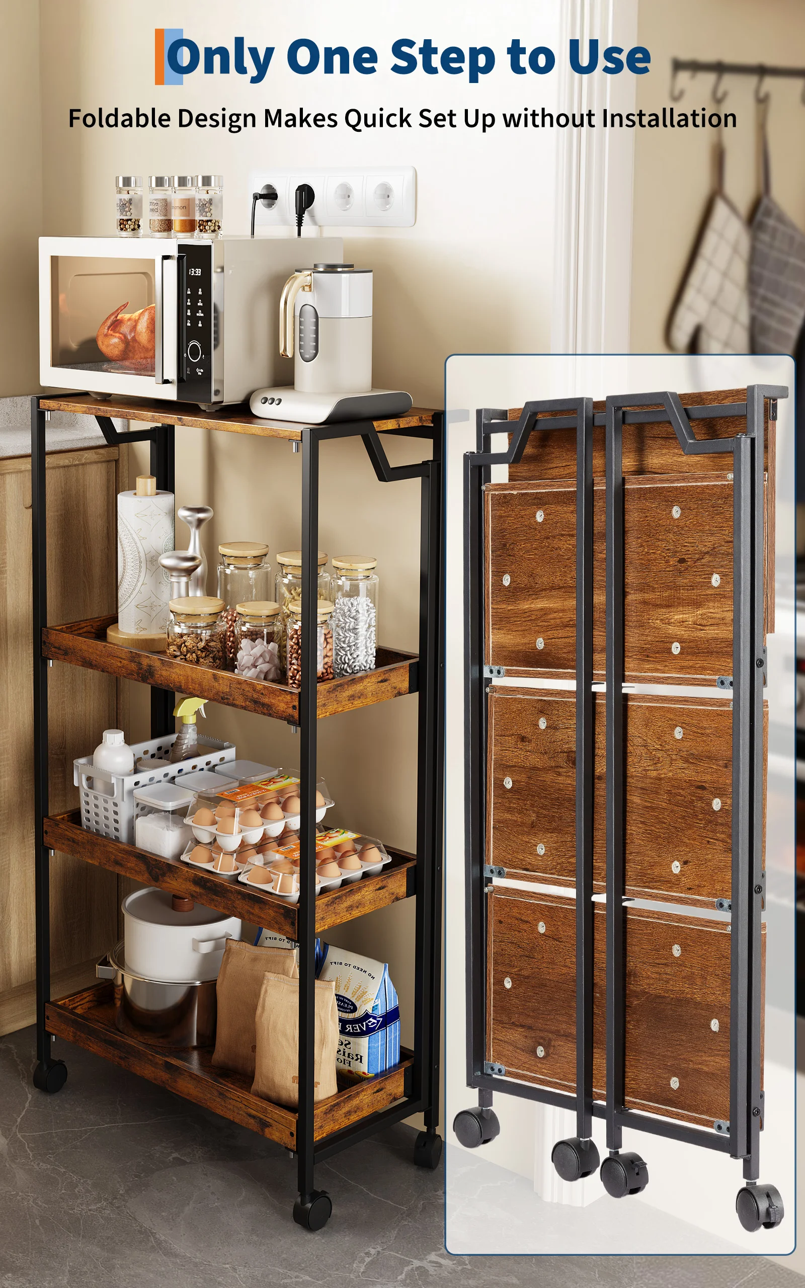 4-stöckiger schlanker Aufbewahrungswagen, faltbarer Rollorganizer mit Holzregalen, mobiles Aufbewahrungsregal für Küche, Bad, Waschküche – Detail 11