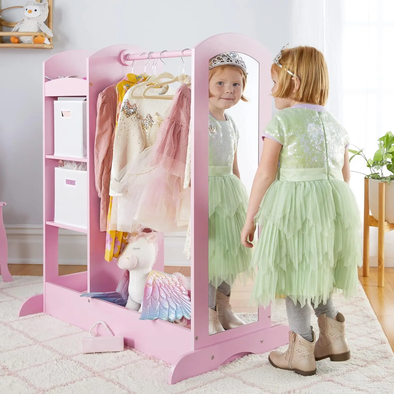 See and Store Dress-up Center &ndash; Pink: Pretend Play Costume Storage Wardrobe for Kids with Mirror & Shelves, Armoire w