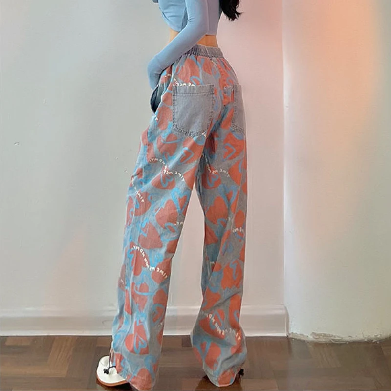 

American Retro HipHop High Street Women Trendy Jeans Graffiti Love Print High Waist Loose Bottoms Casual Wide Leg Trousers Pants