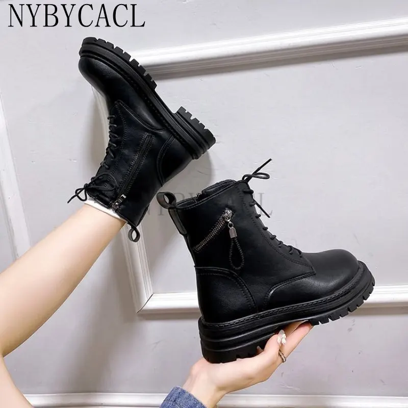 

Spring Genuine Leather Women Autumn Ankle Boots Thick Sole British Style Winter Boots Ladies Fashion Platform Booties Shoes New
