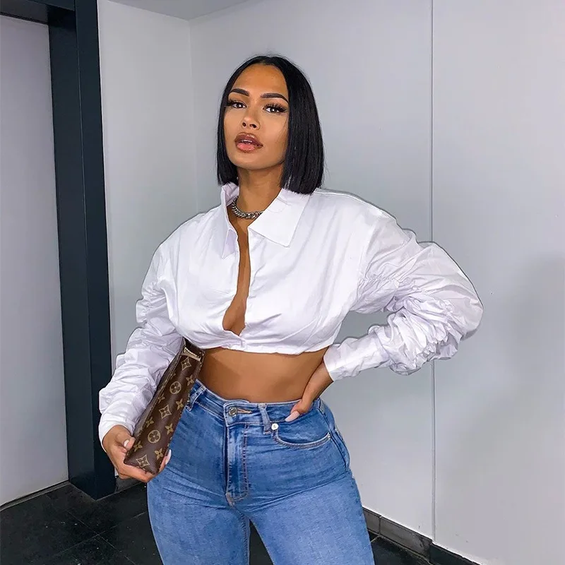 

Ins Hot Sexy V Neck Ruched White Puff Sleeve Shirts Fashion Women Long Sleeve Fashion Fall 2024 Chic Crop Tops Slim Tops Y2k
