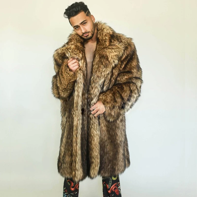 Winter Autumn Faux Fur Jacket Mens Loose Warm Raccoon Fur Coat Men Slim Long Jackets Fashion Leisure Trench Overcoat 2023