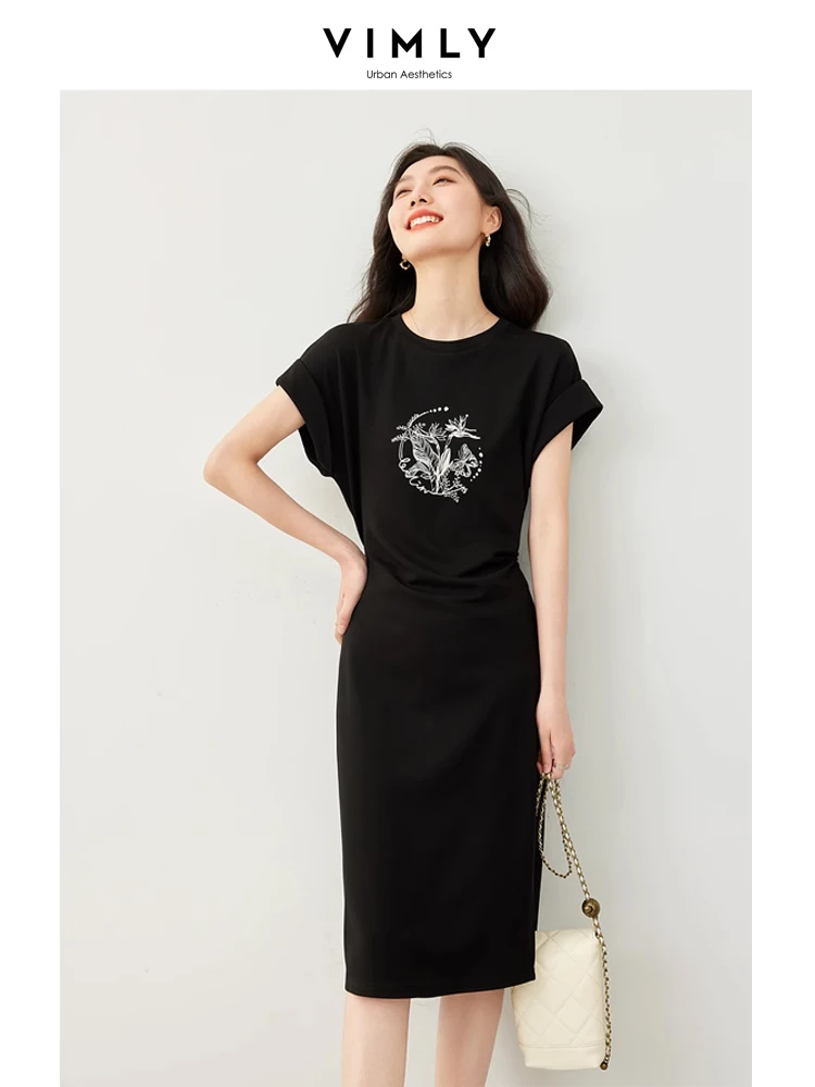 

Vimly Black Folds Printed Round Neck Sleeveless Dress Woman 2024 Summer Waisted Split Casual Pullover A-line Midi Dresses M6330
