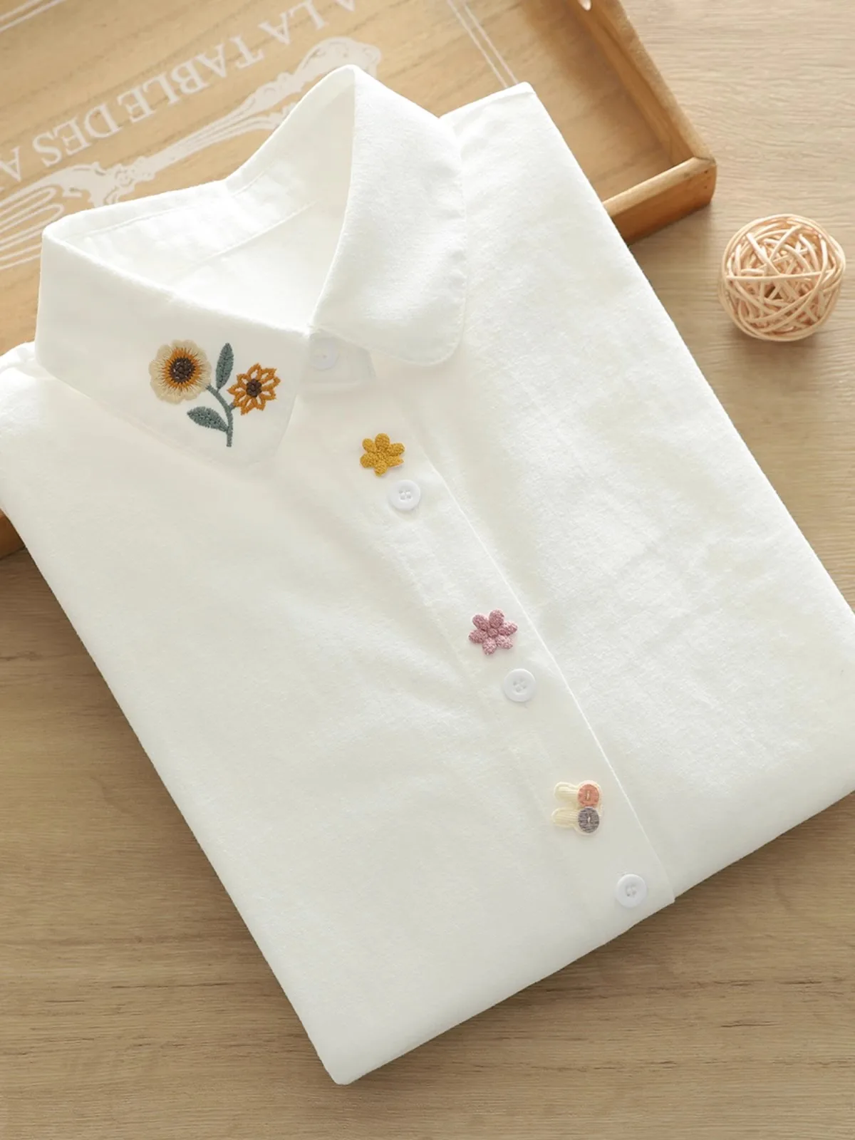Pure Cotton Long-Sleeve Shirt for Women, New Spring and Autumn Style, Versatile, Artistic Sunflower Embroidery, 3D Cute Rabbit Shirt, Student Casual Layered Top 1