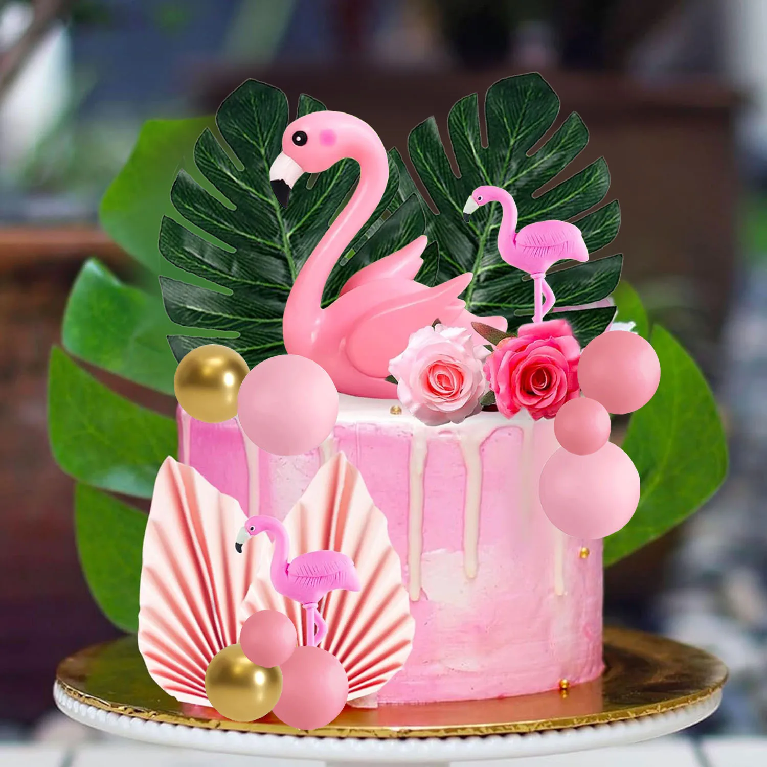 Decoración de pastel de flamenco, adorno de pastel de hojas de palma, bolas  doradas y rosas, decoración de pastel, adorno de pastel de rosa,  suministros para fiesta Tropical de flamenco - AliExpress, image size:1500x1500